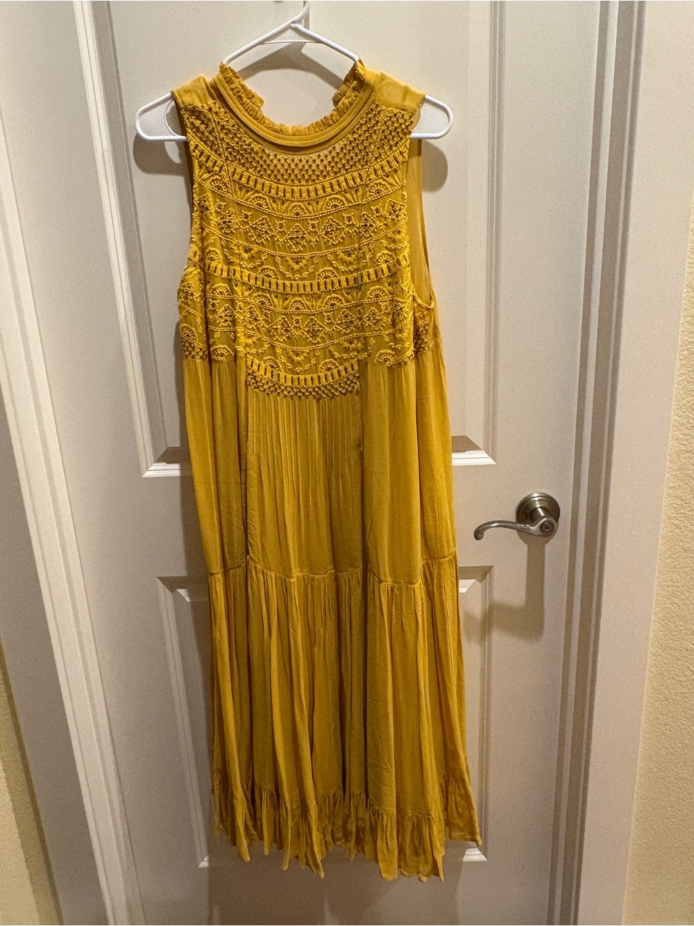 Sundance Crochet Yoke Tiered Maxi Dress in Mustard
